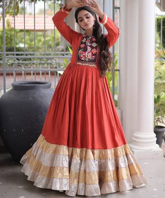 Orange rayon readymade navratri anarkali with kutchi gamthi thread work 2