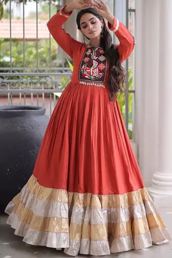 Orange rayon readymade navratri anarkali with kutchi gamthi thread work