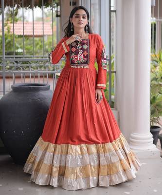 Orange rayon readymade navratri anarkali with kutchi gamthi thread work 3