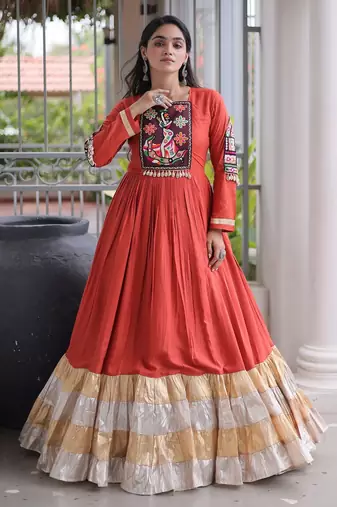 Orange rayon readymade navratri anarkali with kutchi gamthi thread work