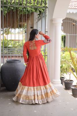 Orange rayon readymade navratri anarkali with kutchi gamthi thread work 4