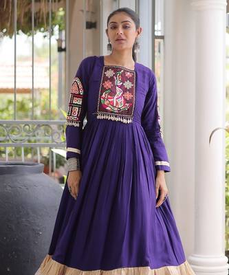 Violet rayon readymade navratri anarkali with kutchi gamthi thread work 1