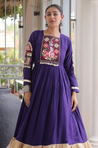 Violet rayon readymade navratri anarkali with kutchi gamthi thread work