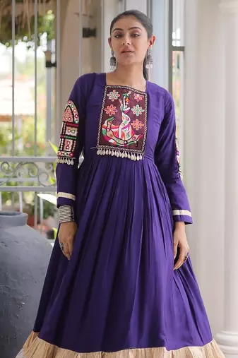 Violet rayon readymade navratri anarkali with kutchi gamthi thread work