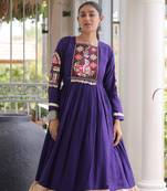 Violet rayon readymade navratri anarkali with kutchi gamthi thread work