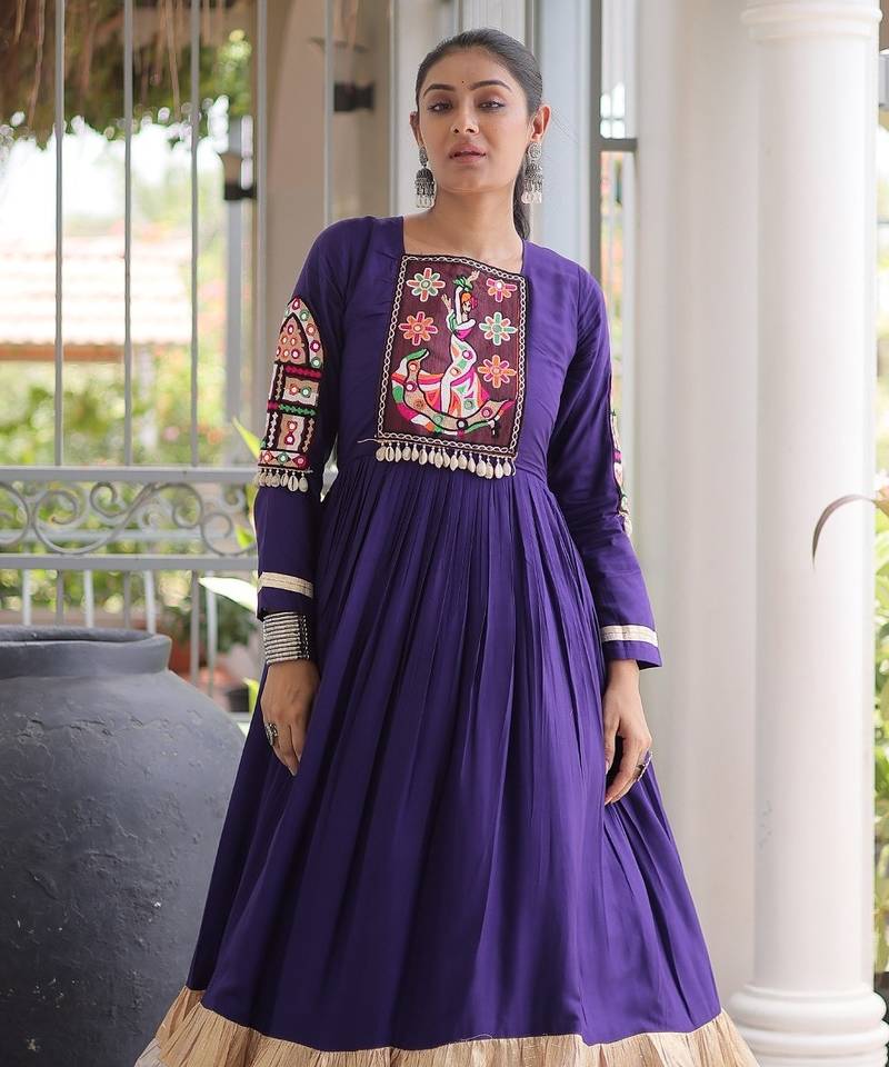 Violet rayon readymade navratri anarkali with kutchi gamthi thread work