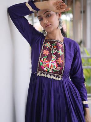 Violet rayon readymade navratri anarkali with kutchi gamthi thread work 2