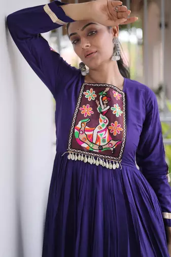 Violet rayon readymade navratri anarkali with kutchi gamthi thread work