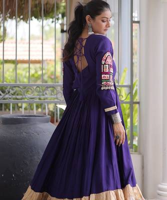 Violet rayon readymade navratri anarkali with kutchi gamthi thread work 3
