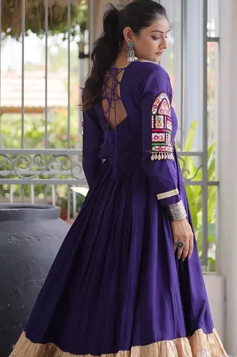 Violet rayon readymade navratri anarkali with kutchi gamthi thread work