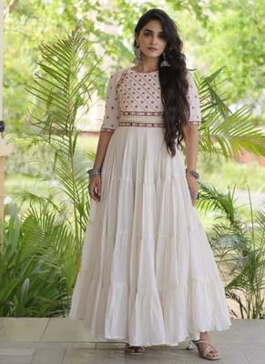 White cotton readymade navratri anarkali with multi thread  & gota patti work 1