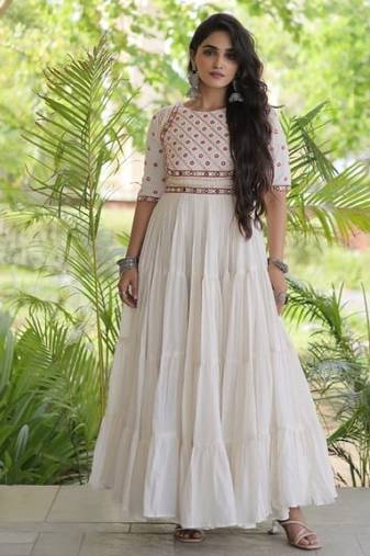 White cotton readymade navratri anarkali with multi thread  & gota patti work