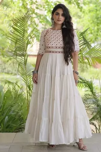 White cotton readymade navratri anarkali with multi thread  & gota patti work