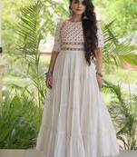 White cotton readymade navratri anarkali with multi thread  & gota patti work