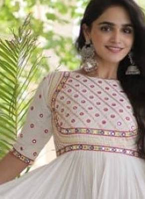 White cotton readymade navratri anarkali with multi thread  & gota patti work 2