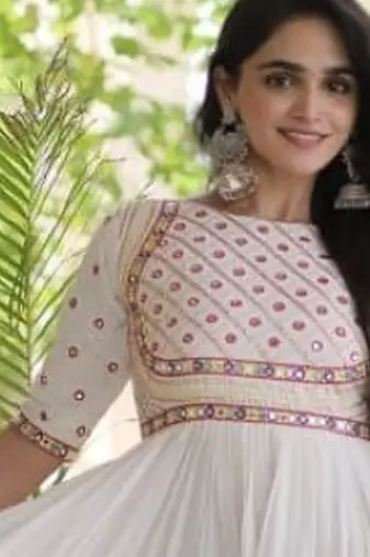 White cotton readymade navratri anarkali with multi thread  & gota patti work