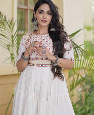 White cotton readymade navratri anarkali with multi thread  & gota patti work 3