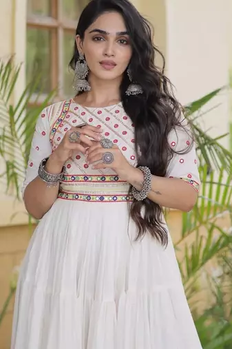 White cotton readymade navratri anarkali with multi thread  & gota patti work