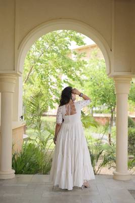 White cotton readymade navratri anarkali with multi thread  & gota patti work 4