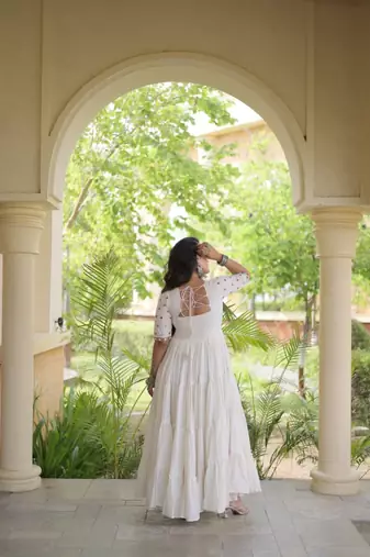 White cotton readymade navratri anarkali with multi thread  & gota patti work