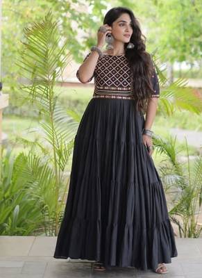 Black cotton readymade navratri anarkali with multi thread  & gota patti work 1