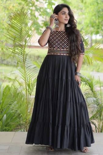 Black cotton readymade navratri anarkali with multi thread  & gota patti work