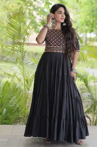 Black cotton readymade navratri anarkali with multi thread  & gota patti work