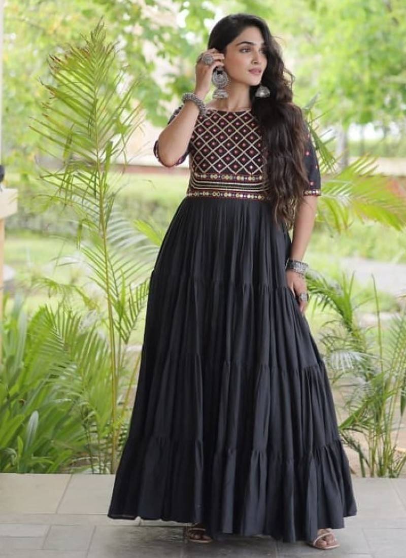 Black cotton readymade navratri anarkali with multi thread  & gota patti work