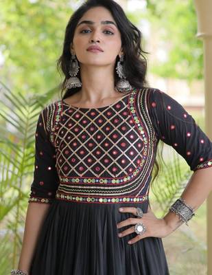Black cotton readymade navratri anarkali with multi thread  & gota patti work 2