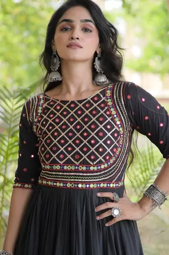 Black cotton readymade navratri anarkali with multi thread  & gota patti work