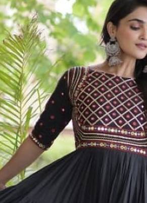 Black cotton readymade navratri anarkali with multi thread  & gota patti work 3