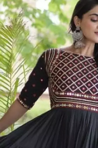 Black cotton readymade navratri anarkali with multi thread  & gota patti work