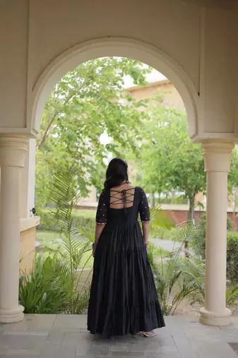 Black cotton readymade navratri anarkali with multi thread  & gota patti work