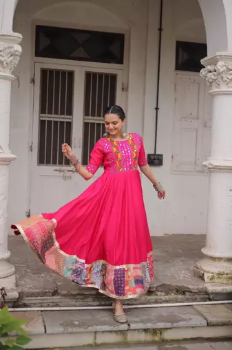 Rani silk blend readymade navratri anarkali with multi thread & mirror work