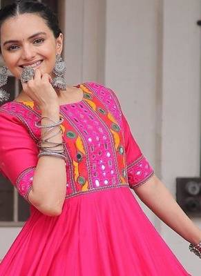 Rani silk blend readymade navratri anarkali with multi thread & mirror work 5