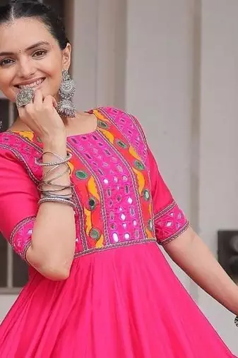 Rani silk blend readymade navratri anarkali with multi thread & mirror work