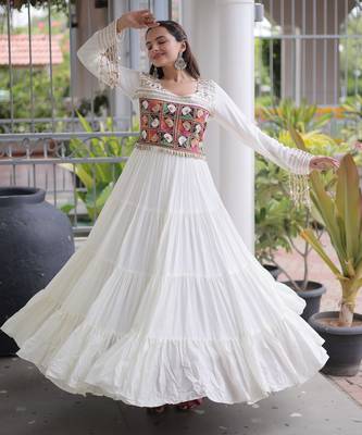 White rayon readymade navratri anarkali with kutchi gamthi thread work 5