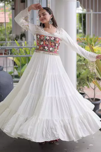 White rayon readymade navratri anarkali with kutchi gamthi thread work