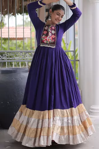 Violet rayon readymade navratri anarkali with kutchi gamthi thread work