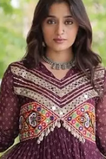 Maroon georgette readymade navratri anarkali with bandhani & kutchi patchework