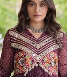 Maroon georgette readymade navratri anarkali with bandhani & kutchi patchework
