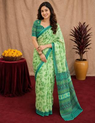 pista lilen print work 1 minute ready to wear saree with unstitched blouse piece 1