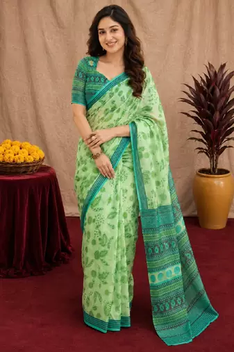 pista lilen print work 1 minute ready to wear saree with unstitched blouse piece