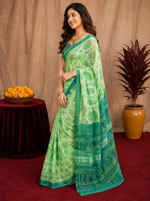pista lilen print work 1 minute ready to wear saree with unstitched blouse piece 2