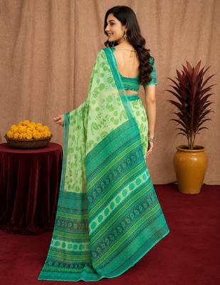 pista lilen print work 1 minute ready to wear saree with unstitched blouse piece 3