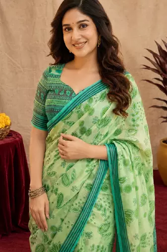 pista lilen print work 1 minute ready to wear saree with unstitched blouse piece
