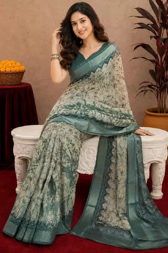 off white lilen print work 1 minute ready to wear saree with unstitched blouse piece