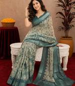 off white lilen print work 1 minute ready to wear saree with unstitched blouse piece