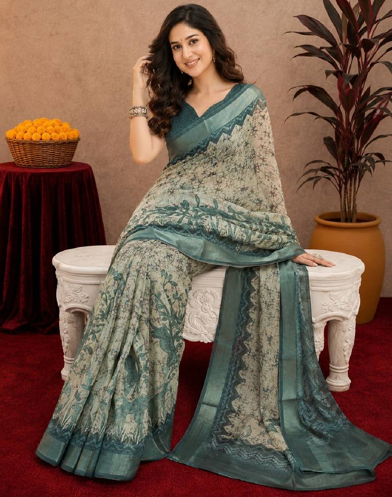 off white lilen print work 1 minute ready to wear saree with unstitched blouse piece