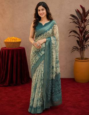 off white lilen print work 1 minute ready to wear saree with unstitched blouse piece 2